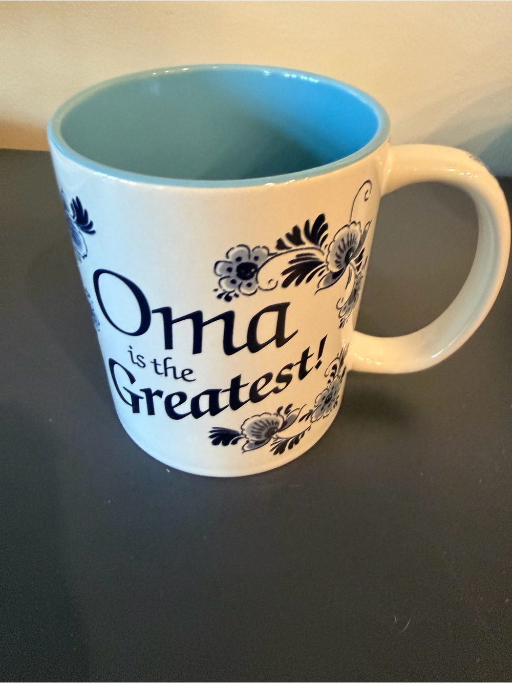 Oma is the Greatest! Blue and White Delft Like Ceramic Coffee Mug